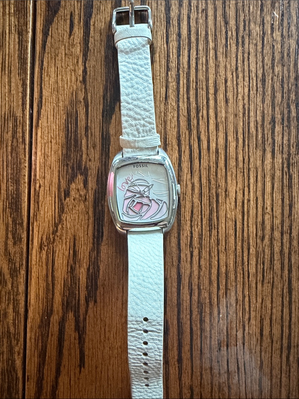 Fossil White Leather Watch with Pink Floral Dial